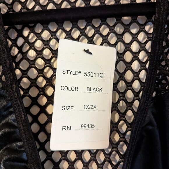 MUSIC LEGS Fishnet WET-LOOK V SHAPE TEDDY Zipper Long Sleeve Sexy Halloween NWT - Picture 5 of 16